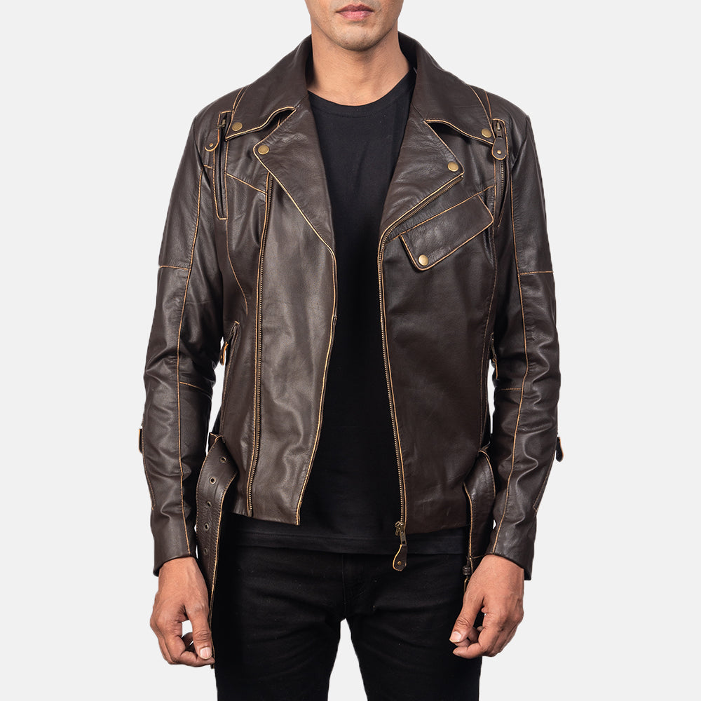Vincent Brown Leather Biker Jacket - men's jacket in brown goatskin leather, view 1