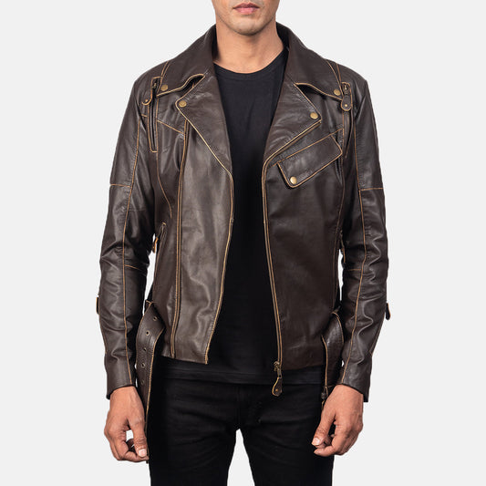 Vincent Brown Leather Biker Jacket - men's jacket in brown goatskin leather, view 1