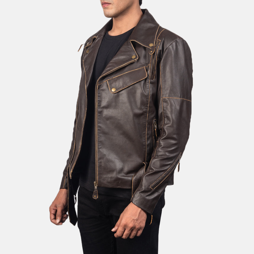 Vincent Brown Leather Biker Jacket - men's jacket in brown goatskin leather, view 2