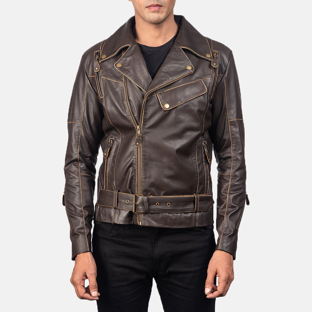 Vincent Brown Leather Biker Jacket - men's jacket in brown goatskin leather, view 3