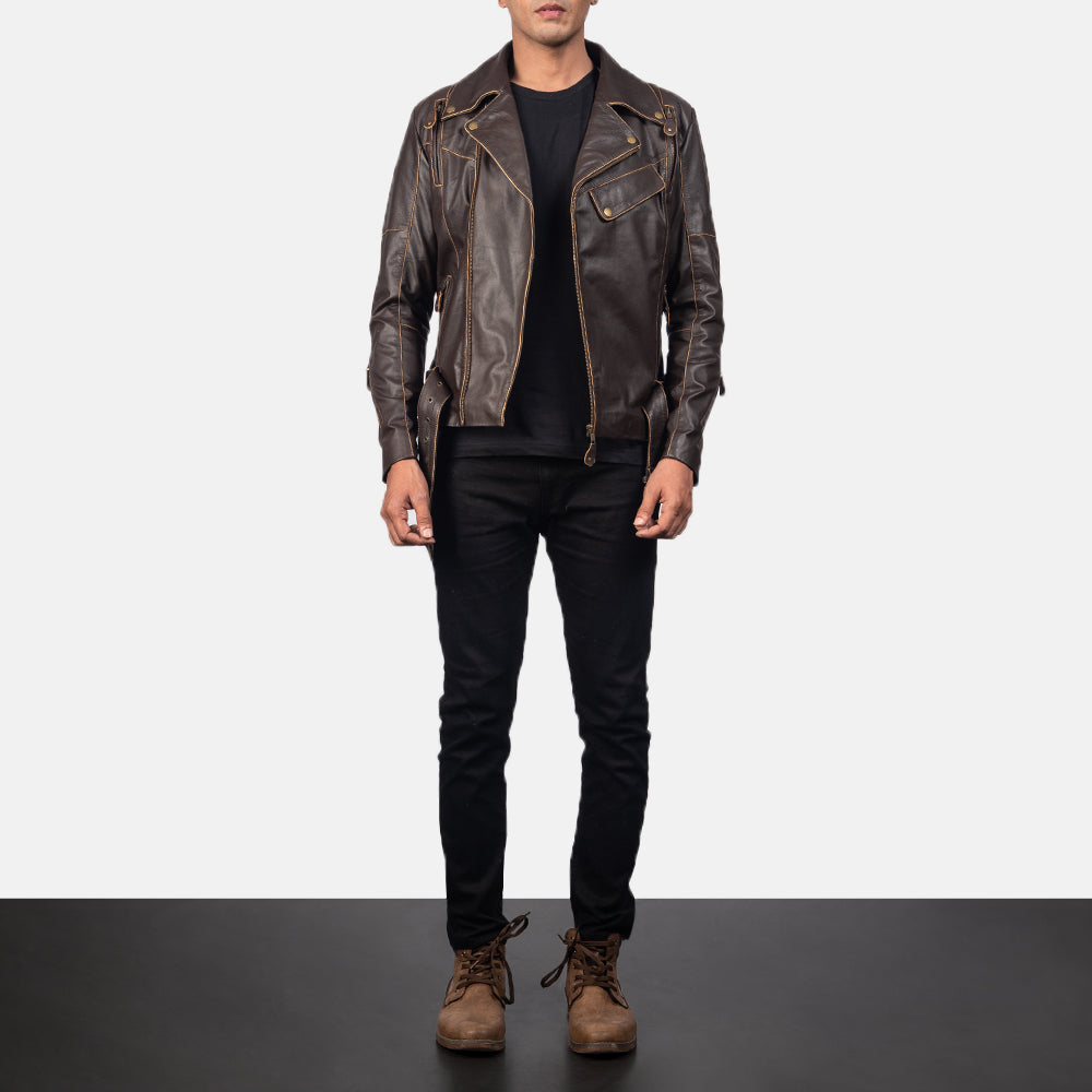 Vincent Brown Leather Biker Jacket - men's jacket in brown goatskin leather, view 4