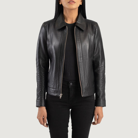 Vixen Black Classic Collar Leather Jacket - women's jacket in black sheepskin leather, view 1