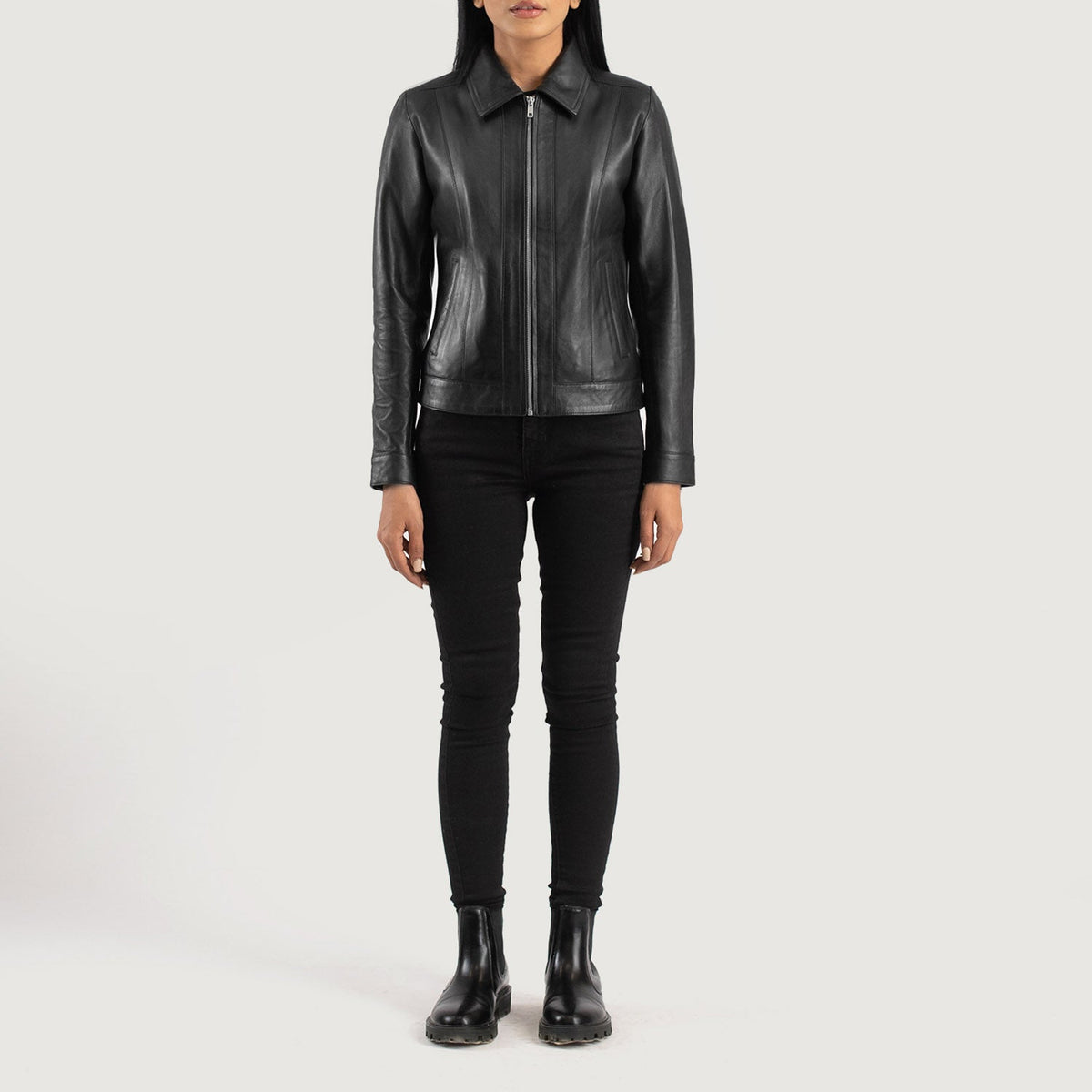 Vixen Black Classic Collar Leather Jacket - women's jacket in black sheepskin leather, view 3