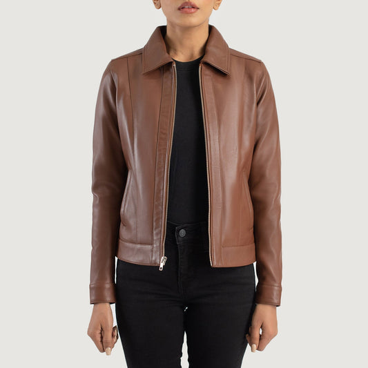 Vixen Brown Classic Collar Leather Jacket - women's jacket in brown sheepskin leather, view 1