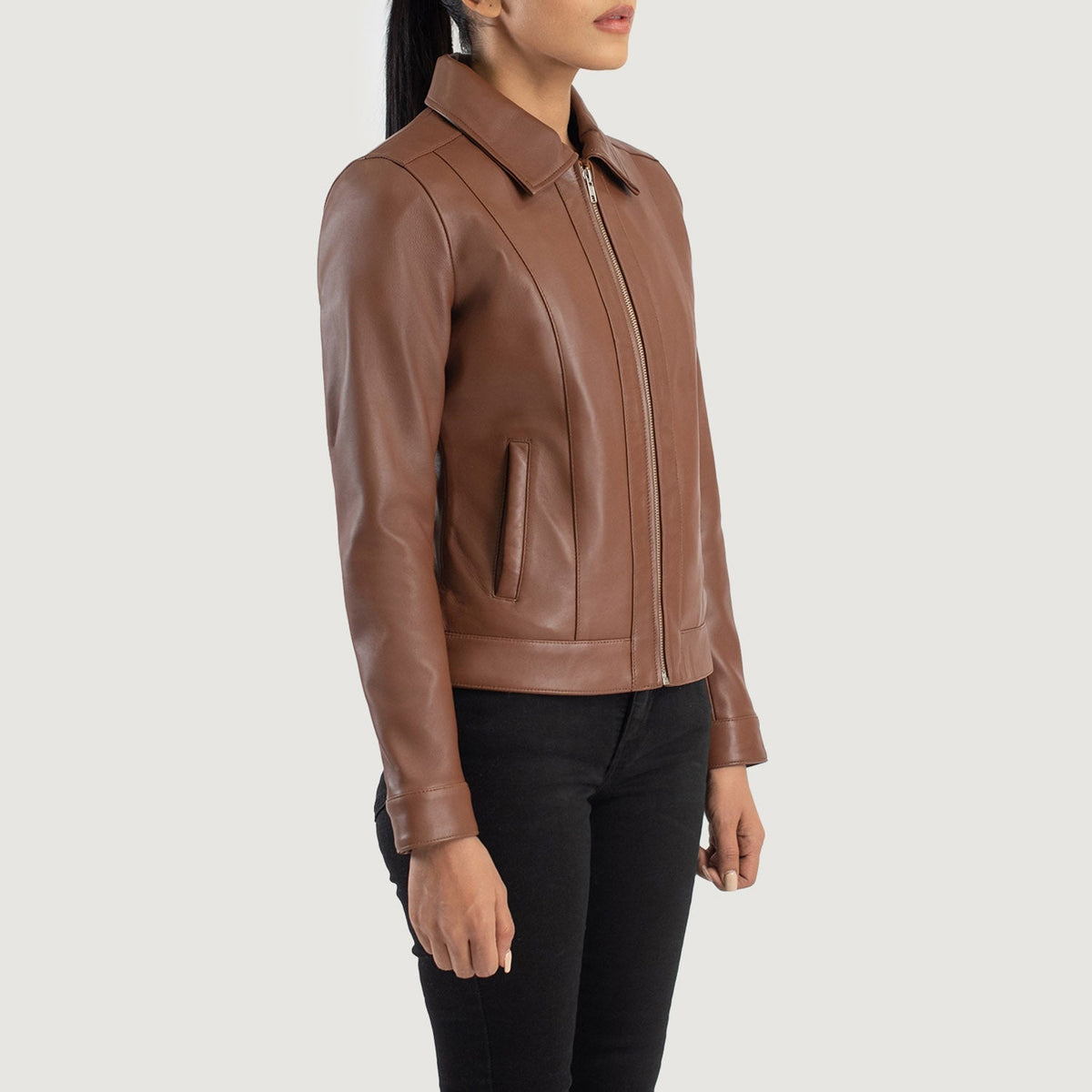 Vixen Brown Classic Collar Leather Jacket - women's jacket in brown sheepskin leather, view 2