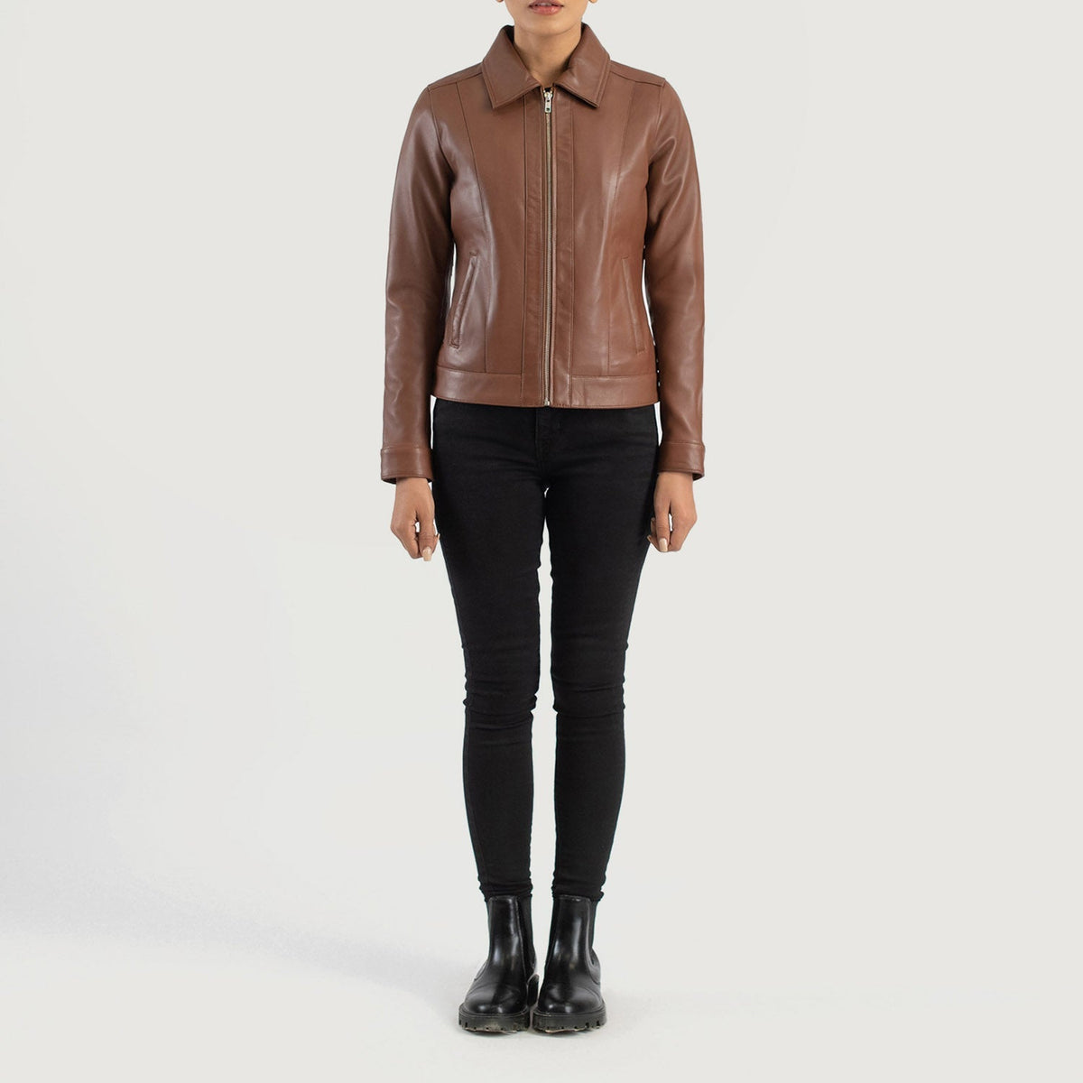 Vixen Brown Classic Collar Leather Jacket - women's jacket in brown sheepskin leather, view 3