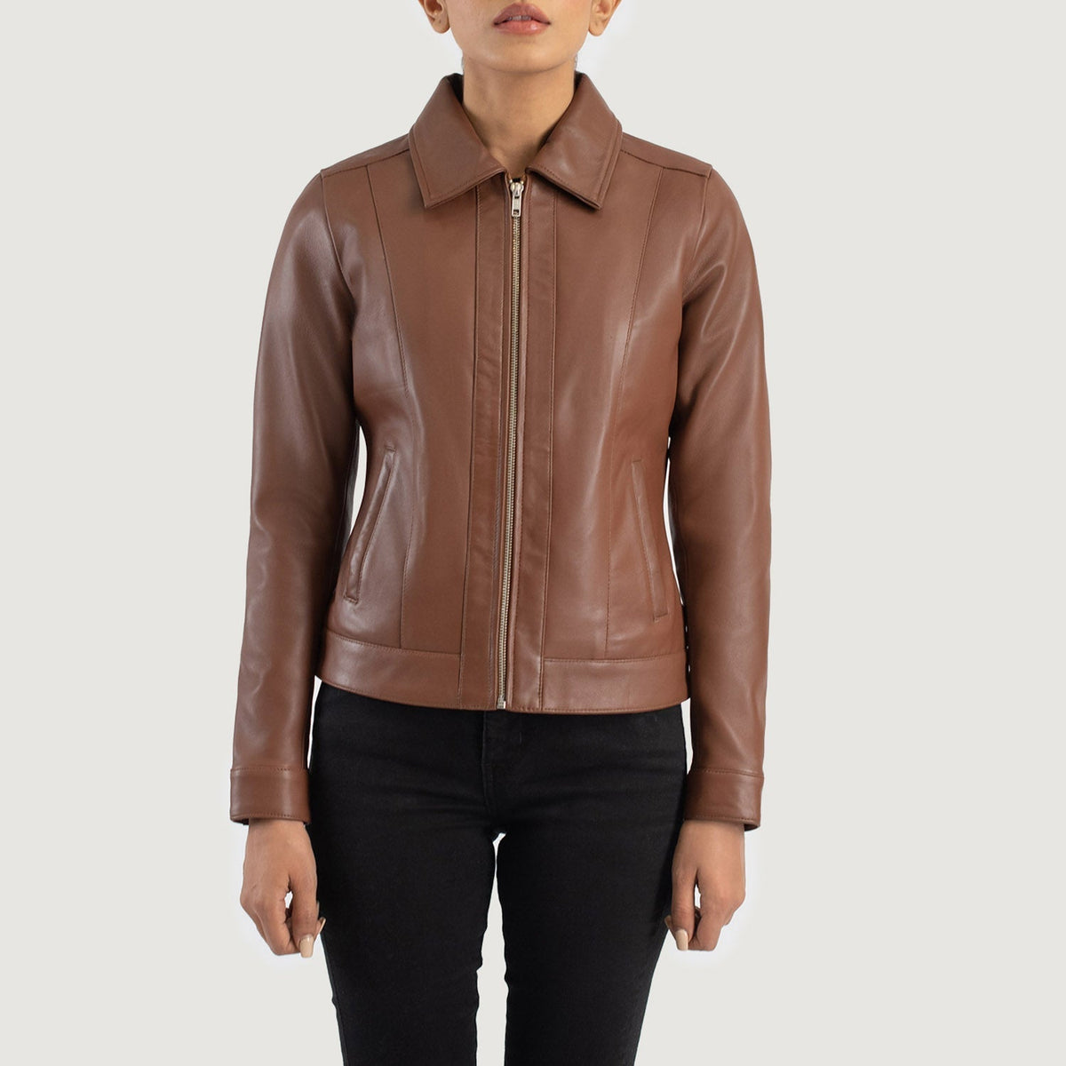 Vixen Brown Classic Collar Leather Jacket - women's jacket in brown sheepskin leather, view 4
