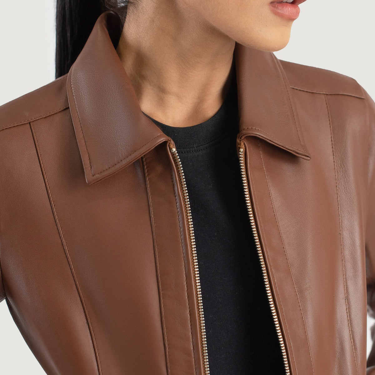 Vixen Brown Classic Collar Leather Jacket - women's jacket in brown sheepskin leather, view 6