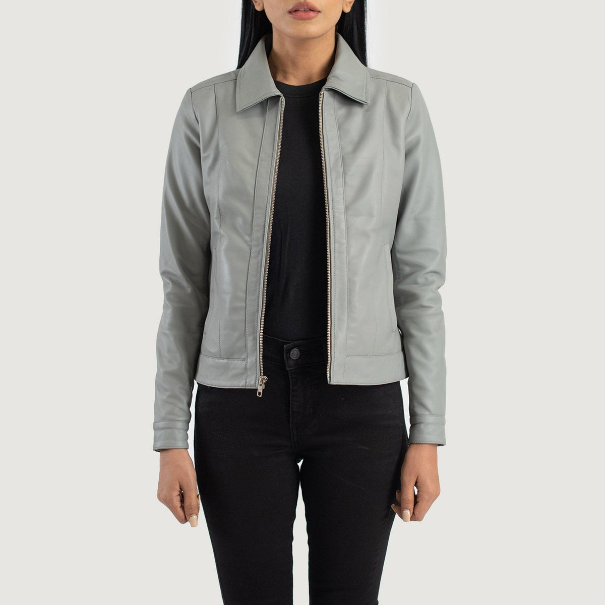 Vixen Grey Classic Collar Leather Jacket - women's jacket in grey sheepskin leather, view 1