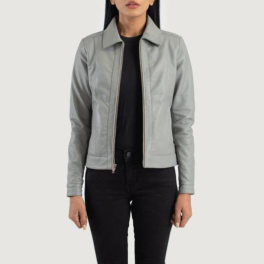 Vixen Grey Classic Collar Leather Jacket - women's jacket in grey sheepskin leather, view 1