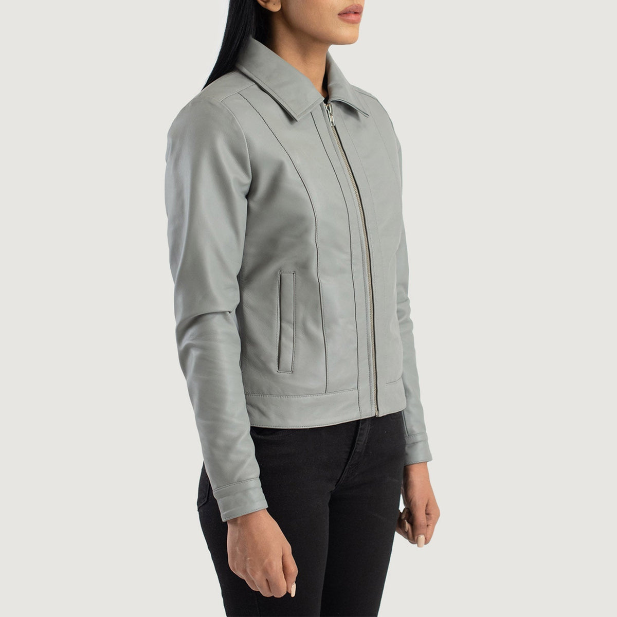 Vixen Grey Classic Collar Leather Jacket - women's jacket in grey sheepskin leather, view 2