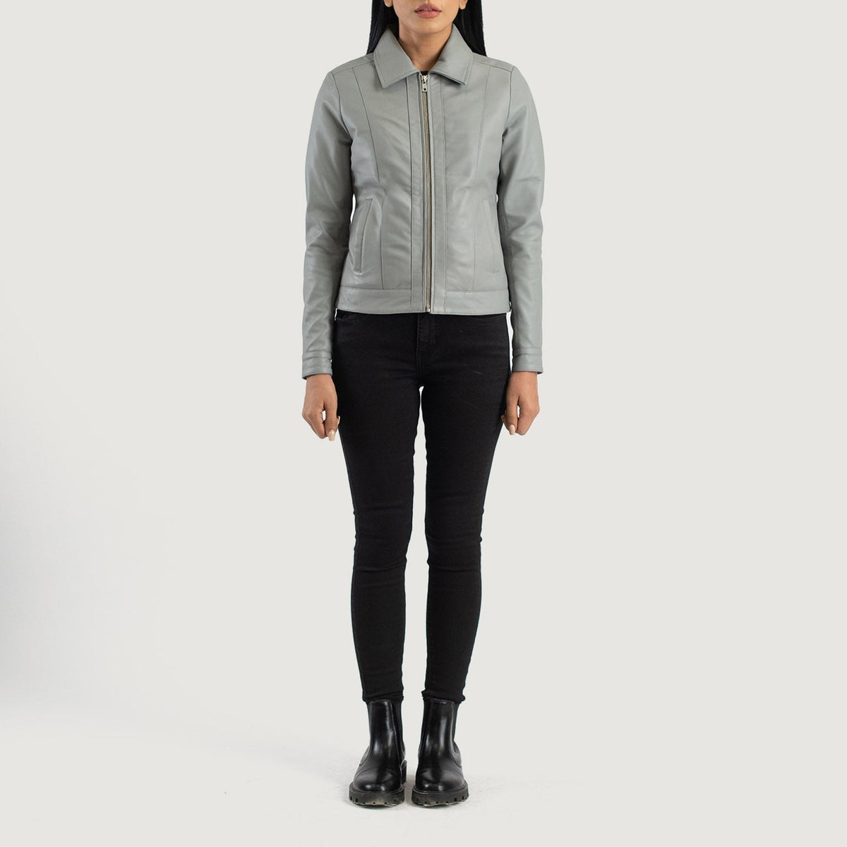 Vixen Grey Classic Collar Leather Jacket - women's jacket in grey sheepskin leather, view 3