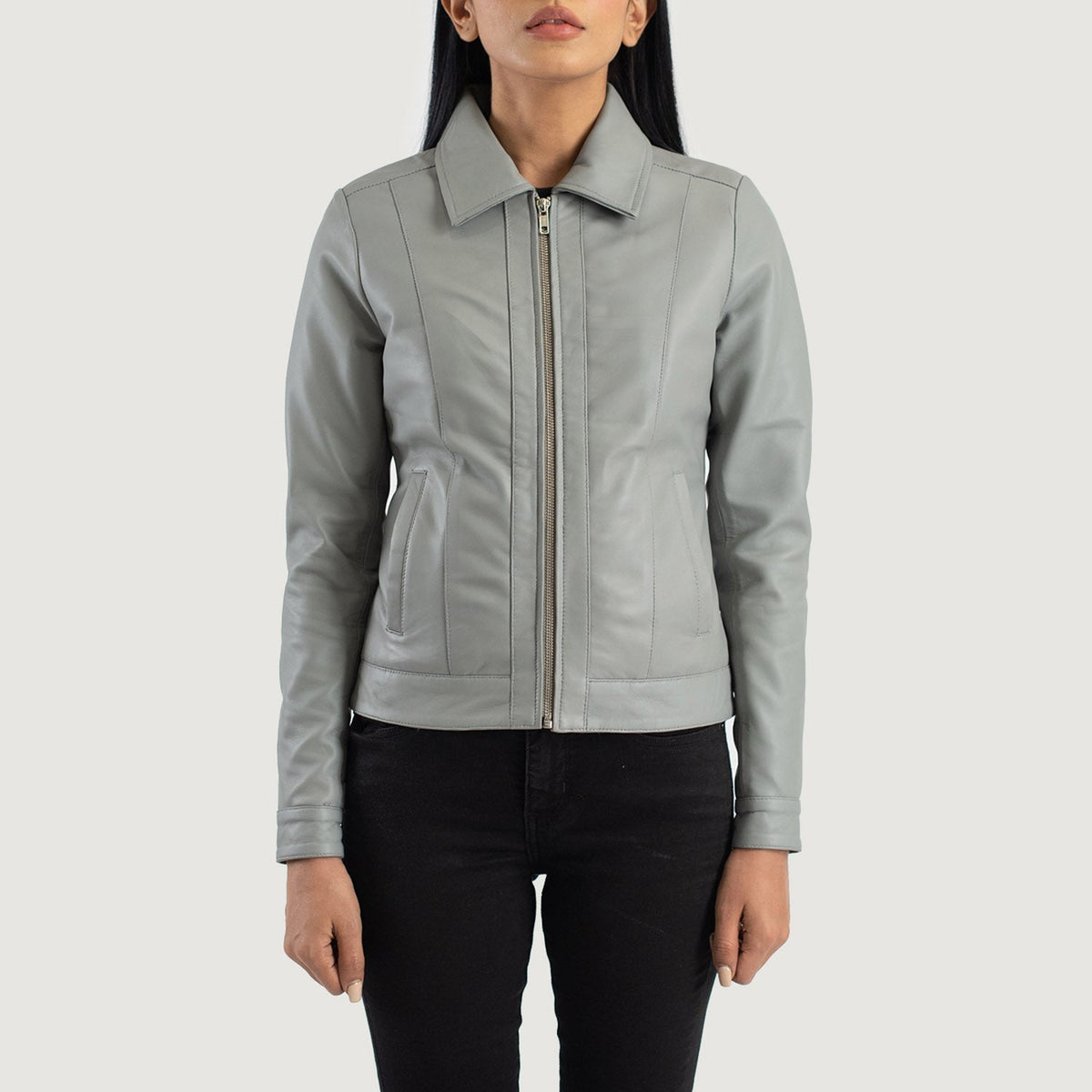 Vixen Grey Classic Collar Leather Jacket - women's jacket in grey sheepskin leather, view 4