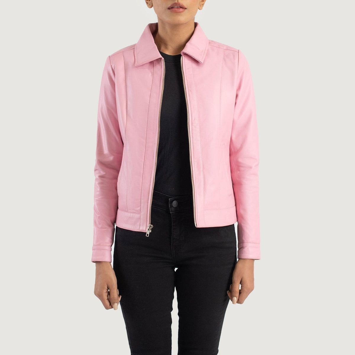 Vixen Pink Classic Collar Leather Jacket - women's jacket in pink sheepskin leather, view 1