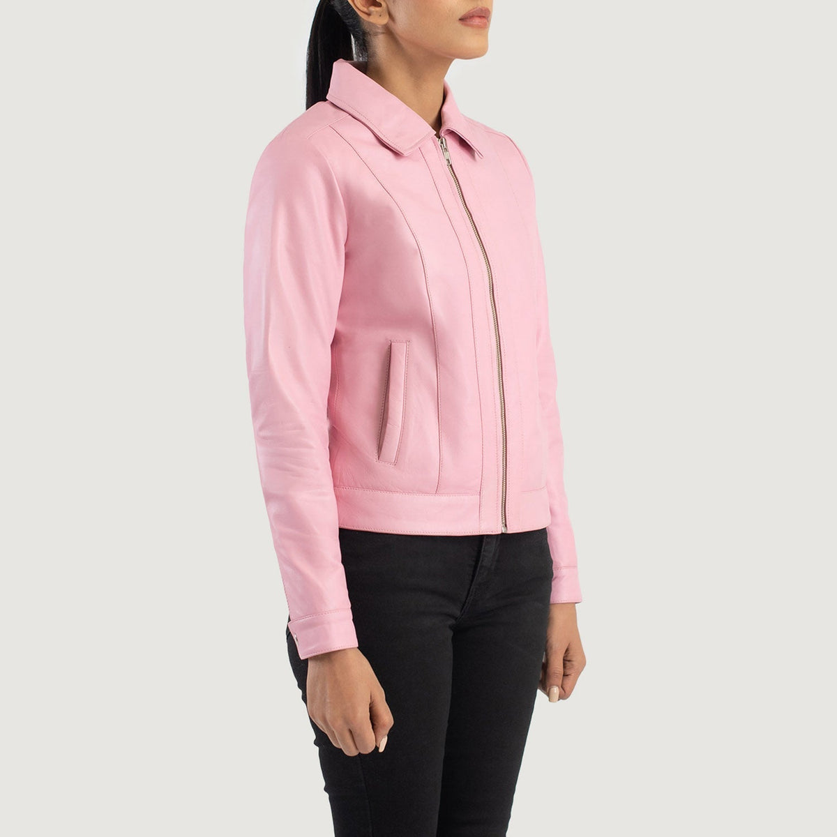 Vixen Pink Classic Collar Leather Jacket - women's jacket in pink sheepskin leather, view 2