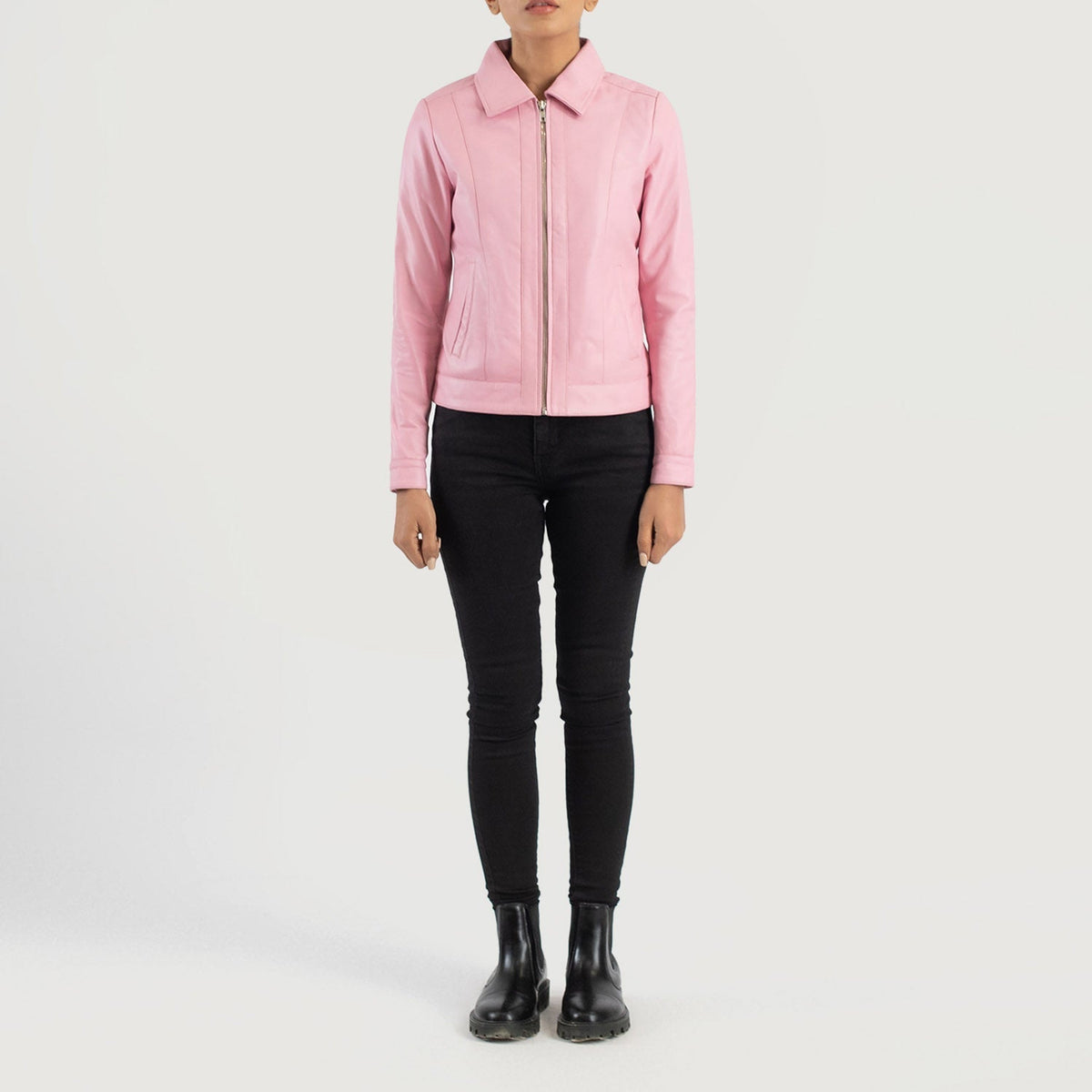 Vixen Pink Classic Collar Leather Jacket - women's jacket in pink sheepskin leather, view 3