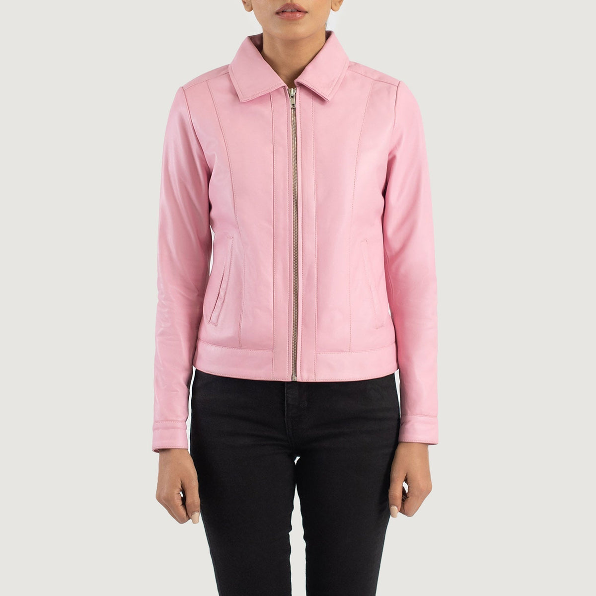 Vixen Pink Classic Collar Leather Jacket - women's jacket in pink sheepskin leather, view 4