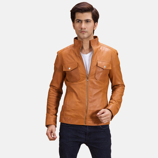 Voltex Tan Leather Biker Jacket - men's jacket in tan sheepskin leather, view 1