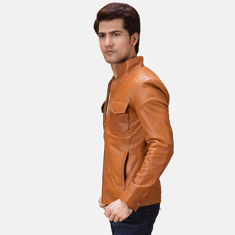 Voltex Tan Leather Biker Jacket - men's jacket in tan sheepskin leather, view 2