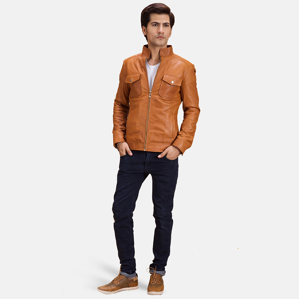 Voltex Tan Leather Biker Jacket - men's jacket in tan sheepskin leather, view 3