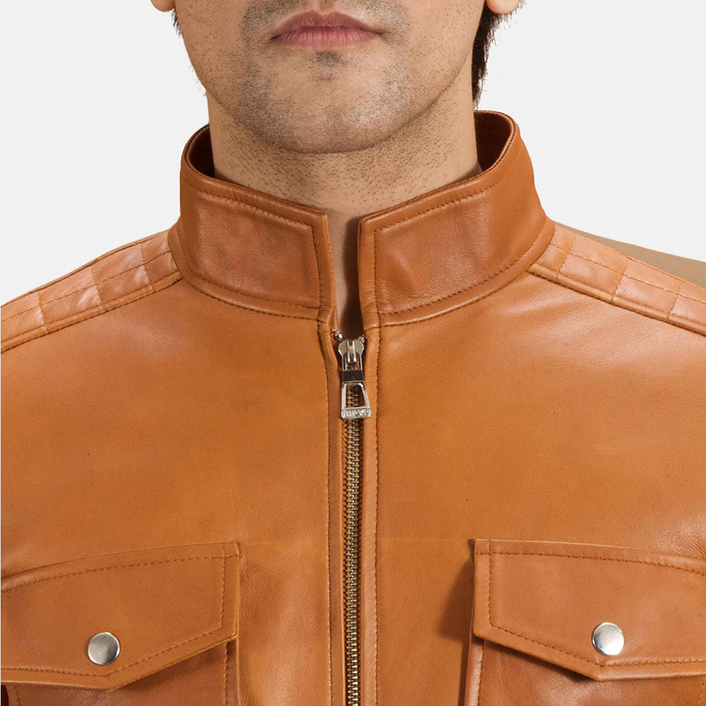 Voltex Tan Leather Biker Jacket - men's jacket in tan sheepskin leather, view 5
