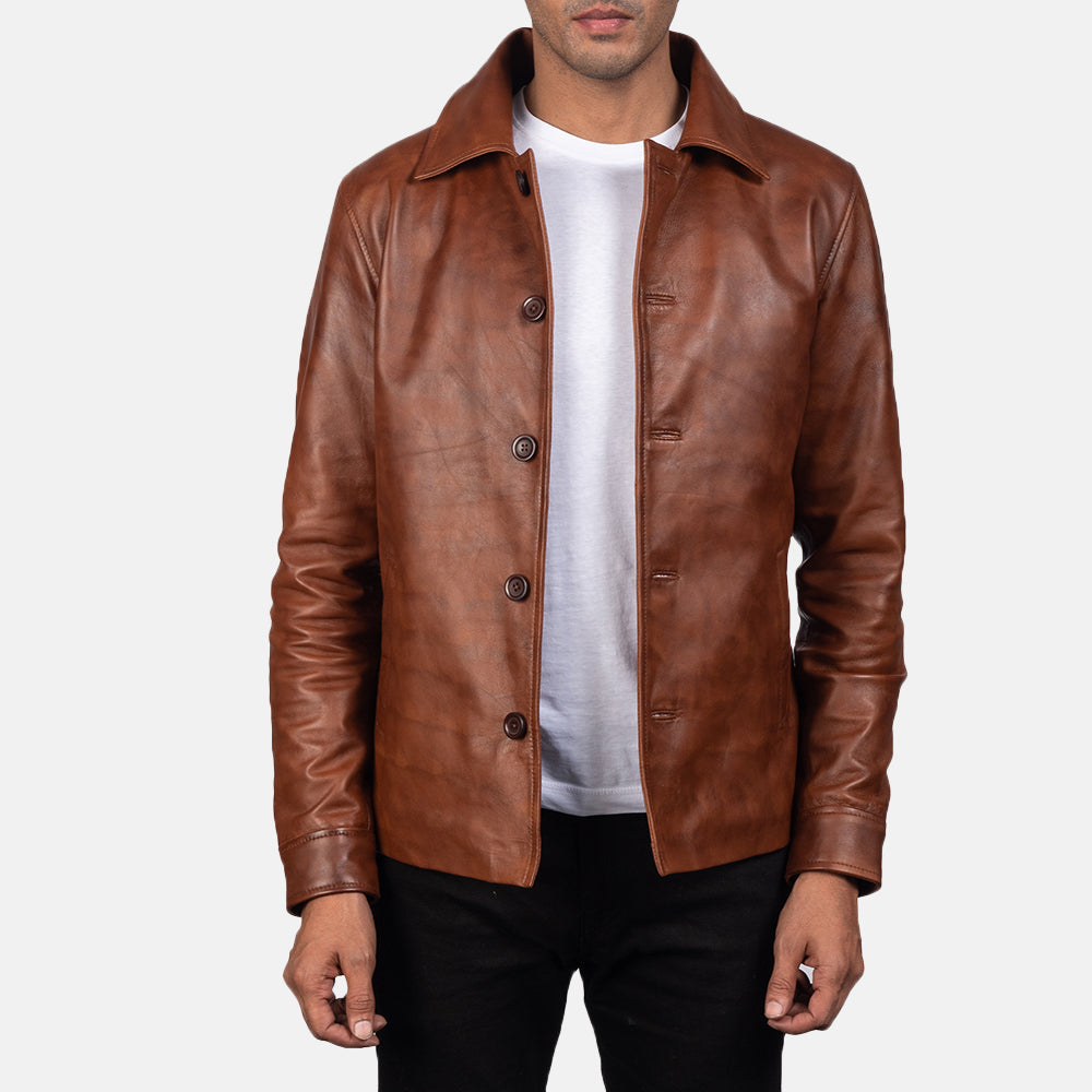 Waffle Brown Leather Jacket - men's jacket in brown sheepskin leather, view 1