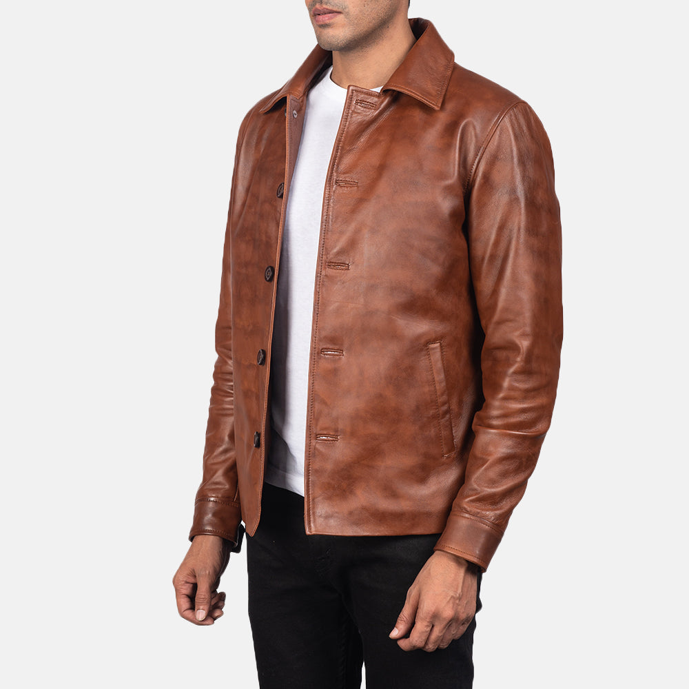 Waffle Brown Leather Jacket - men's jacket in brown sheepskin leather, view 2