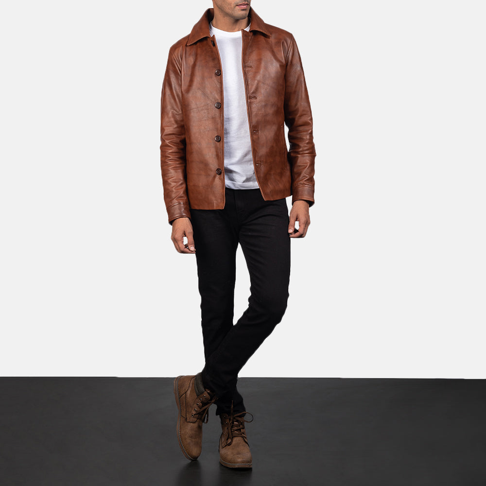 Waffle Brown Leather Jacket - men's jacket in brown sheepskin leather, view 4