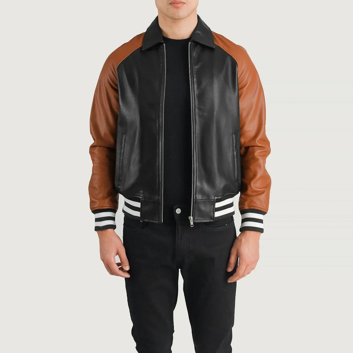 Walton Black & Brown Leather Varsity Jacket - men's jacket in black & brown sheepskin leather, view 1