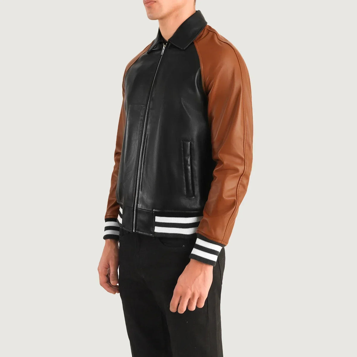 Walton Black & Brown Leather Varsity Jacket - men's jacket in black & brown sheepskin leather, view 2