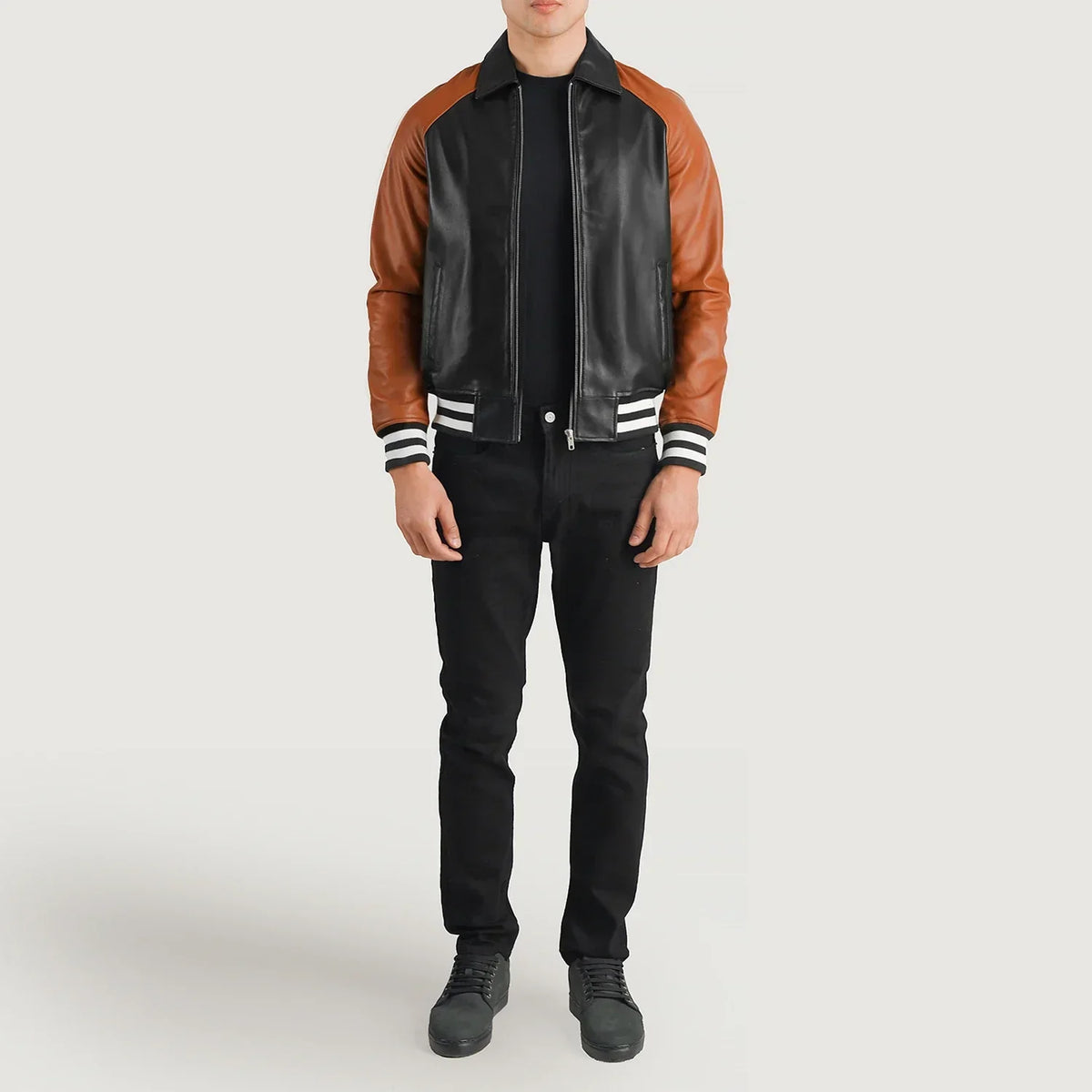 Walton Black & Brown Leather Varsity Jacket - men's jacket in black & brown sheepskin leather, view 3