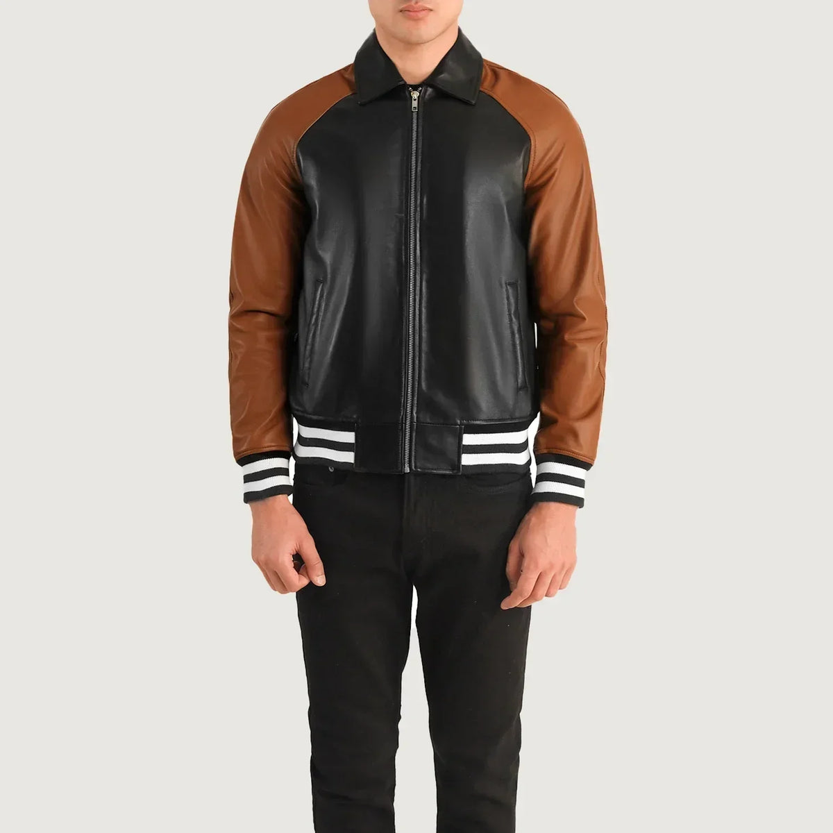 Walton Black & Brown Leather Varsity Jacket - men's jacket in black & brown sheepskin leather, view 4