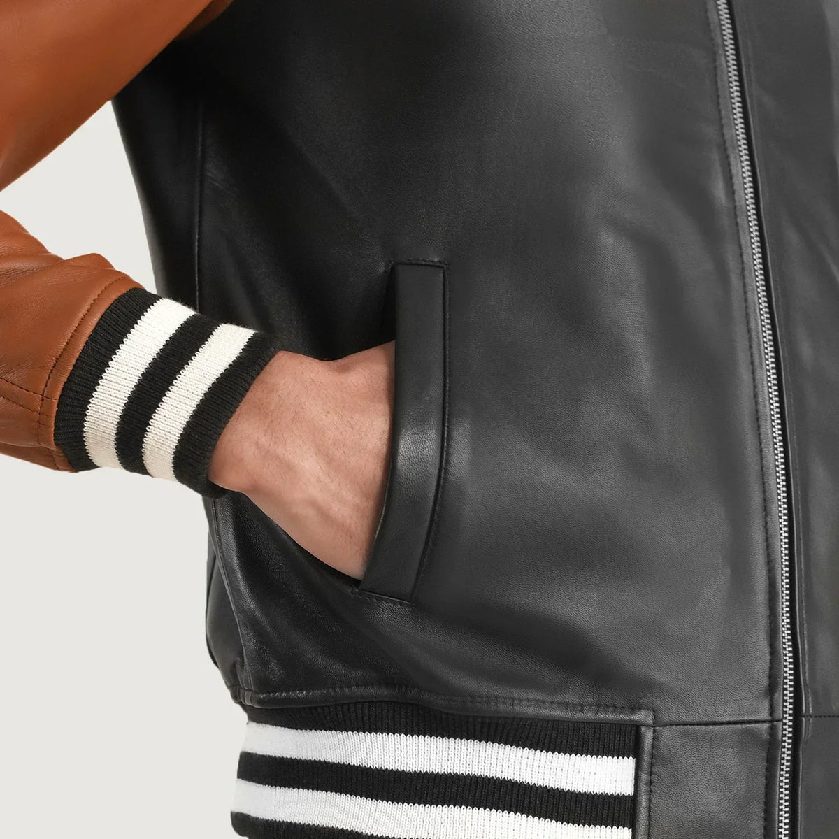Walton Black & Brown Leather Varsity Jacket - men's jacket in black & brown sheepskin leather, view 6