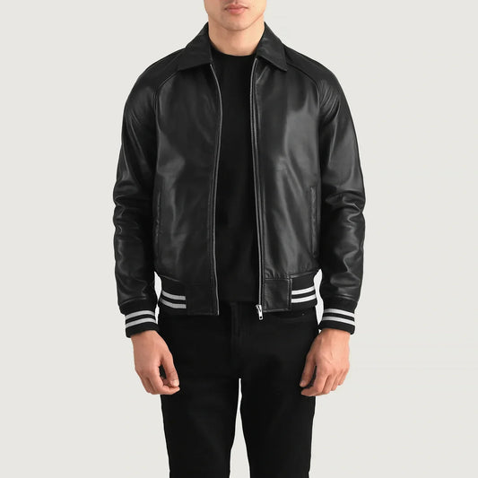 Walton Black Leather Varsity Jacket - men's jacket in black sheepskin leather, view 1