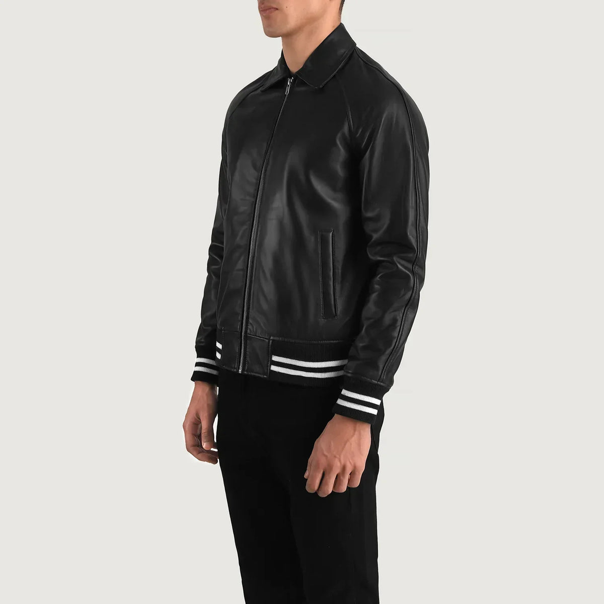 Walton Black Leather Varsity Jacket - men's jacket in black sheepskin leather, view 2