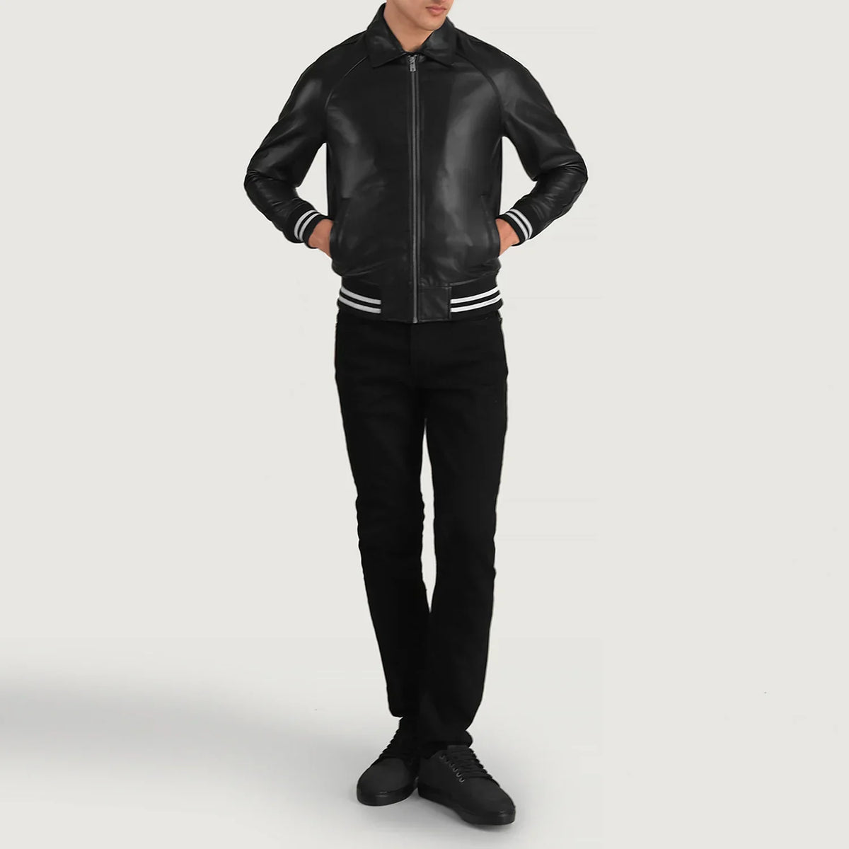 Walton Black Leather Varsity Jacket - men's jacket in black sheepskin leather, view 3
