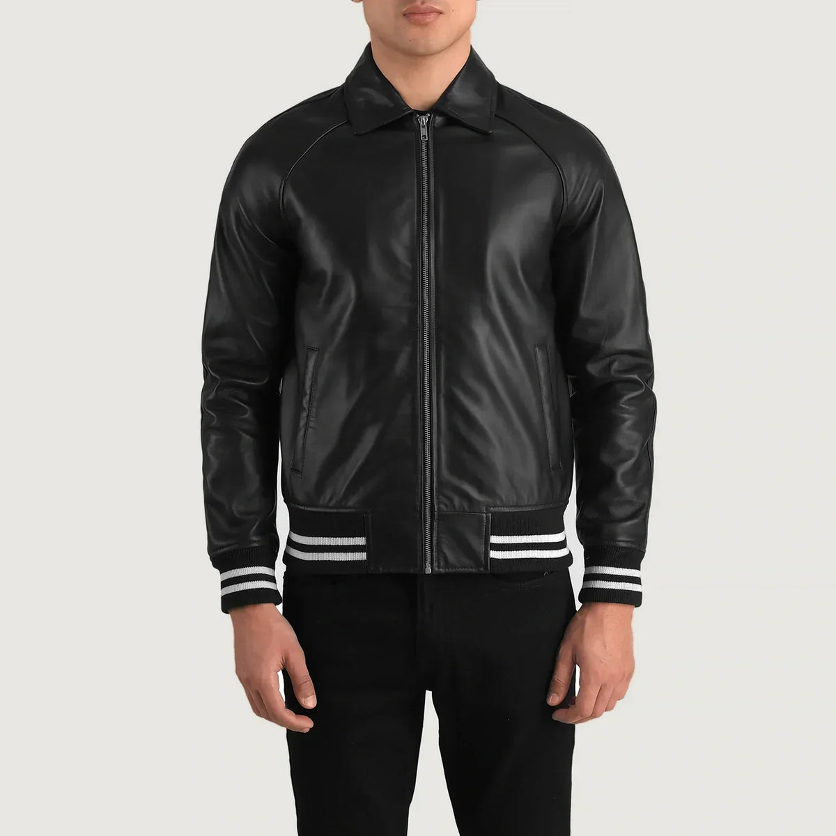 Walton Black Leather Varsity Jacket - men's jacket in black sheepskin leather, view 4