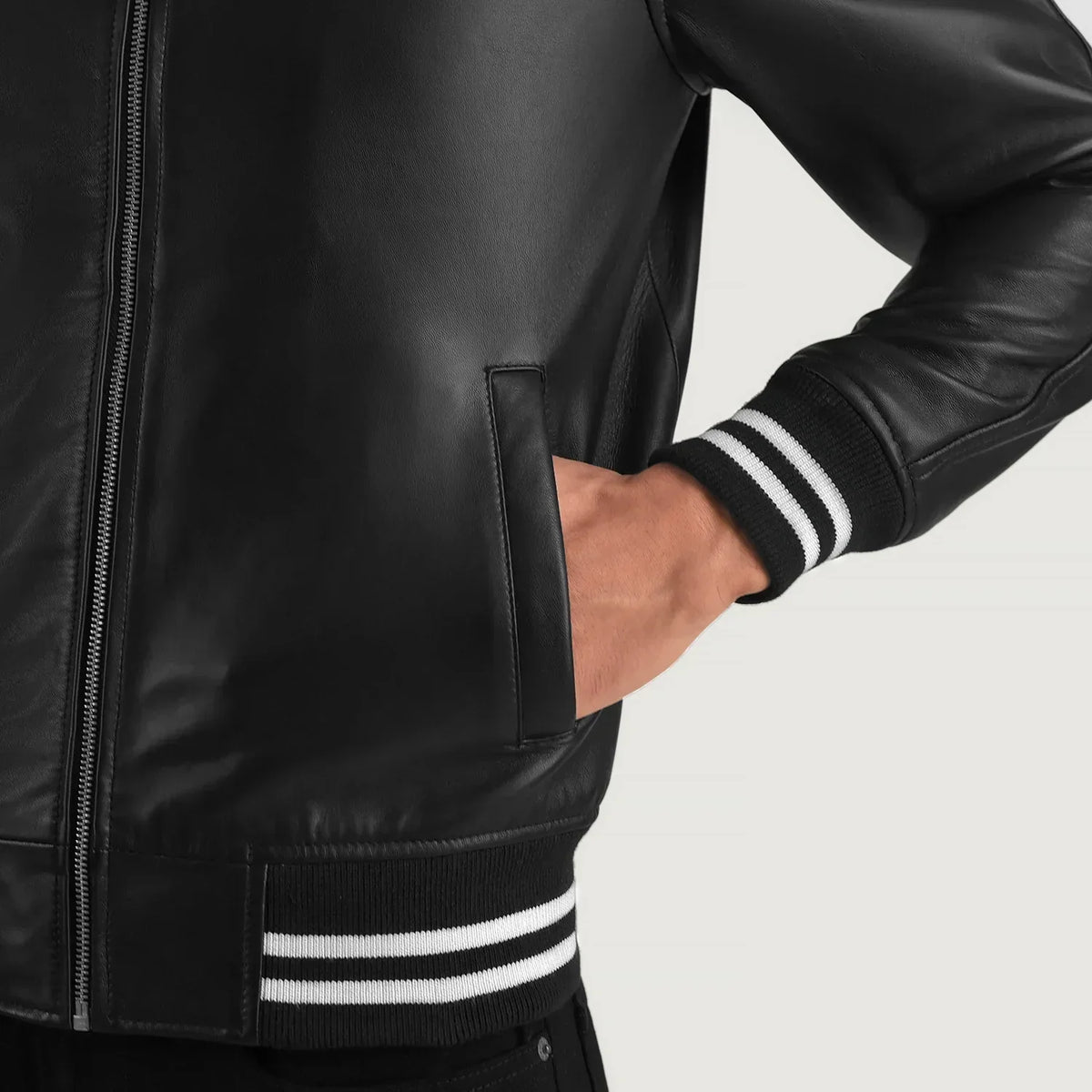 Walton Black Leather Varsity Jacket - men's jacket in black sheepskin leather, view 6