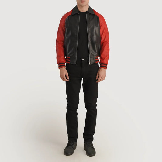 Walton Black & Red Leather Varsity Jacket - men's jacket in black & red sheepskin leather, view 1