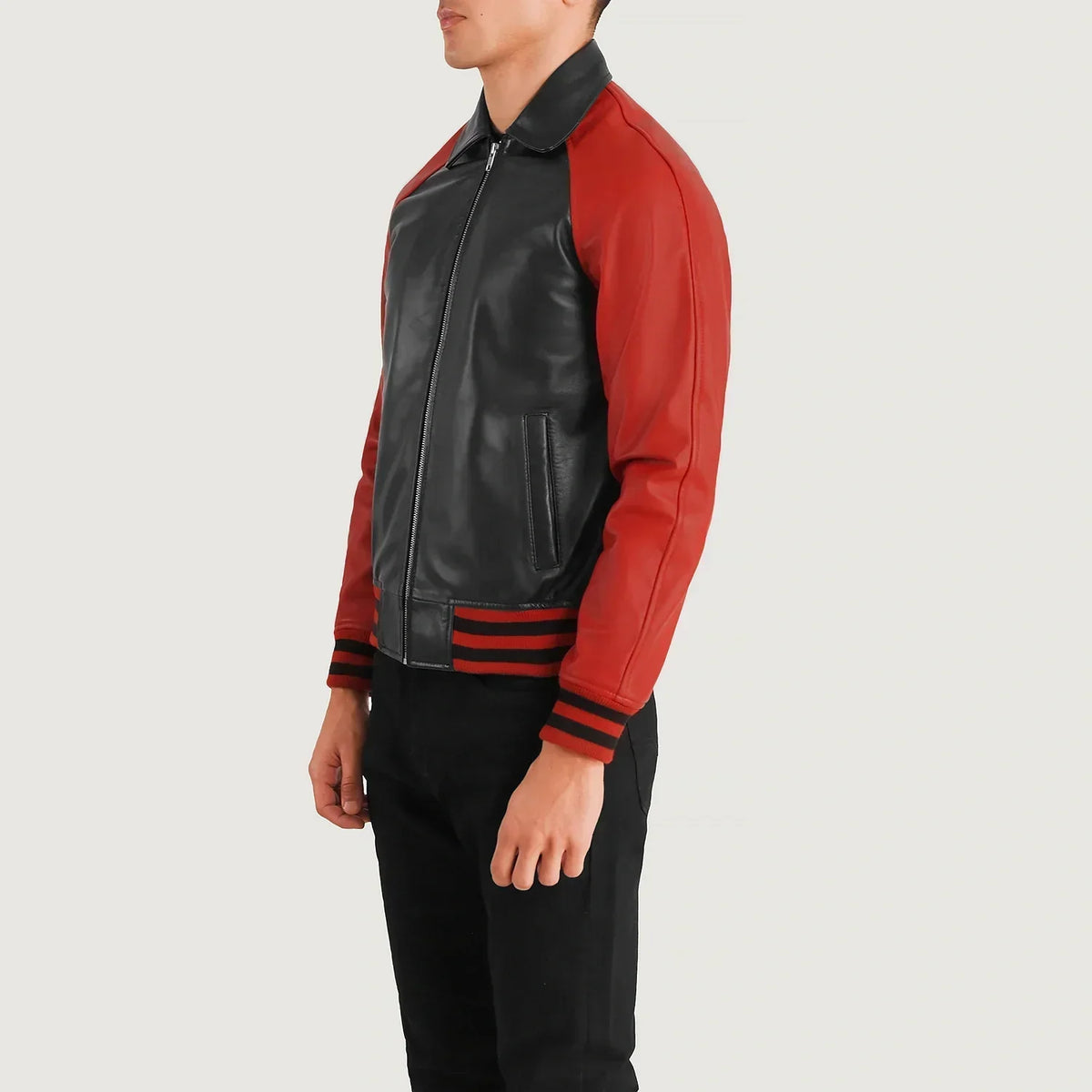 Walton Black & Red Leather Varsity Jacket - men's jacket in black & red sheepskin leather, view 2