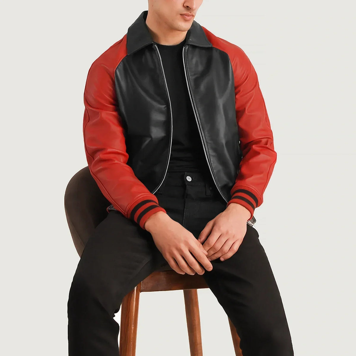 Walton Black & Red Leather Varsity Jacket - men's jacket in black & red sheepskin leather, view 3