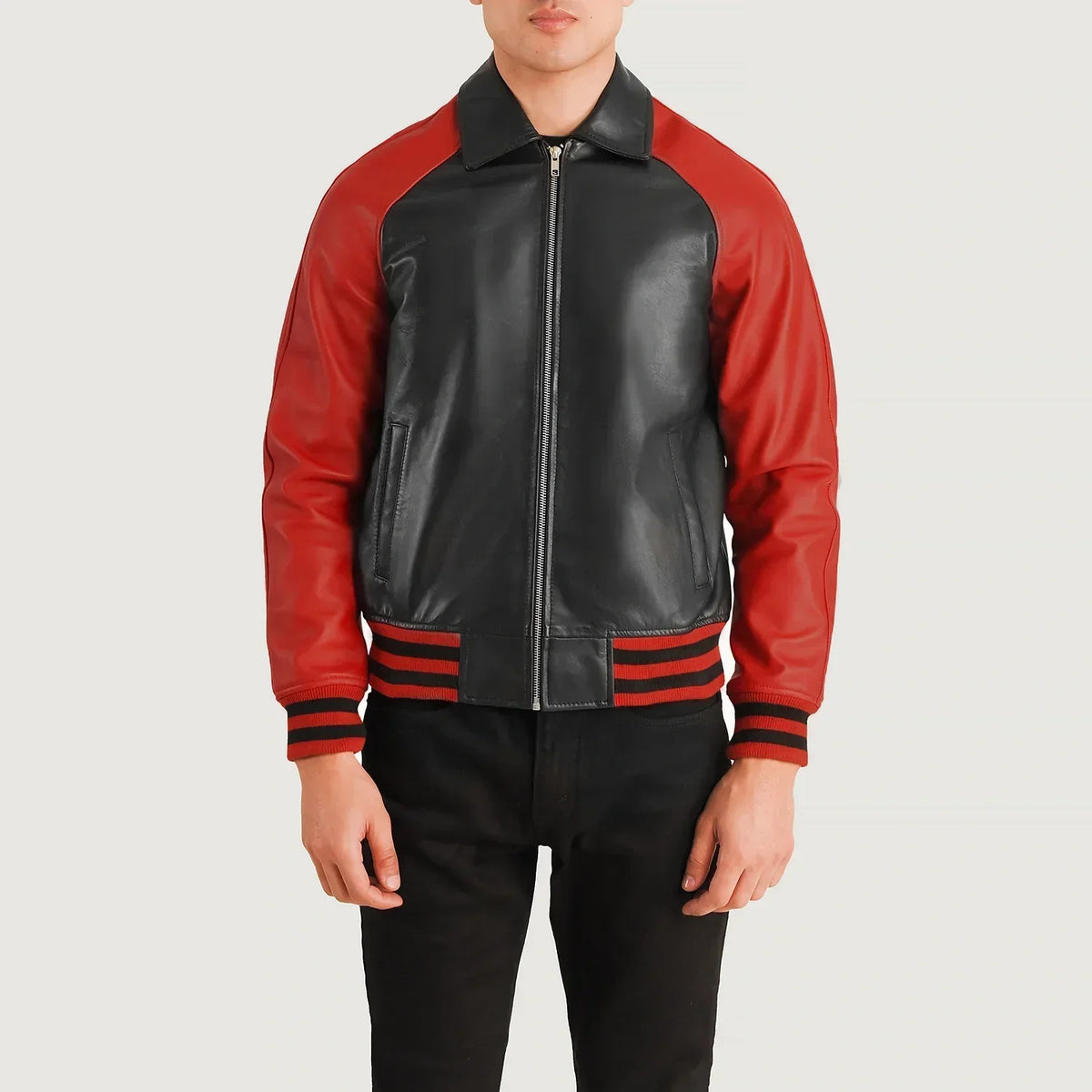 Walton Black & Red Leather Varsity Jacket - men's jacket in black & red sheepskin leather, view 4