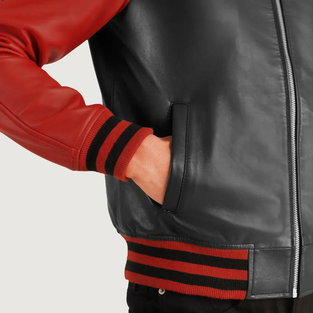 Walton Black & Red Leather Varsity Jacket - men's jacket in black & red sheepskin leather, view 6