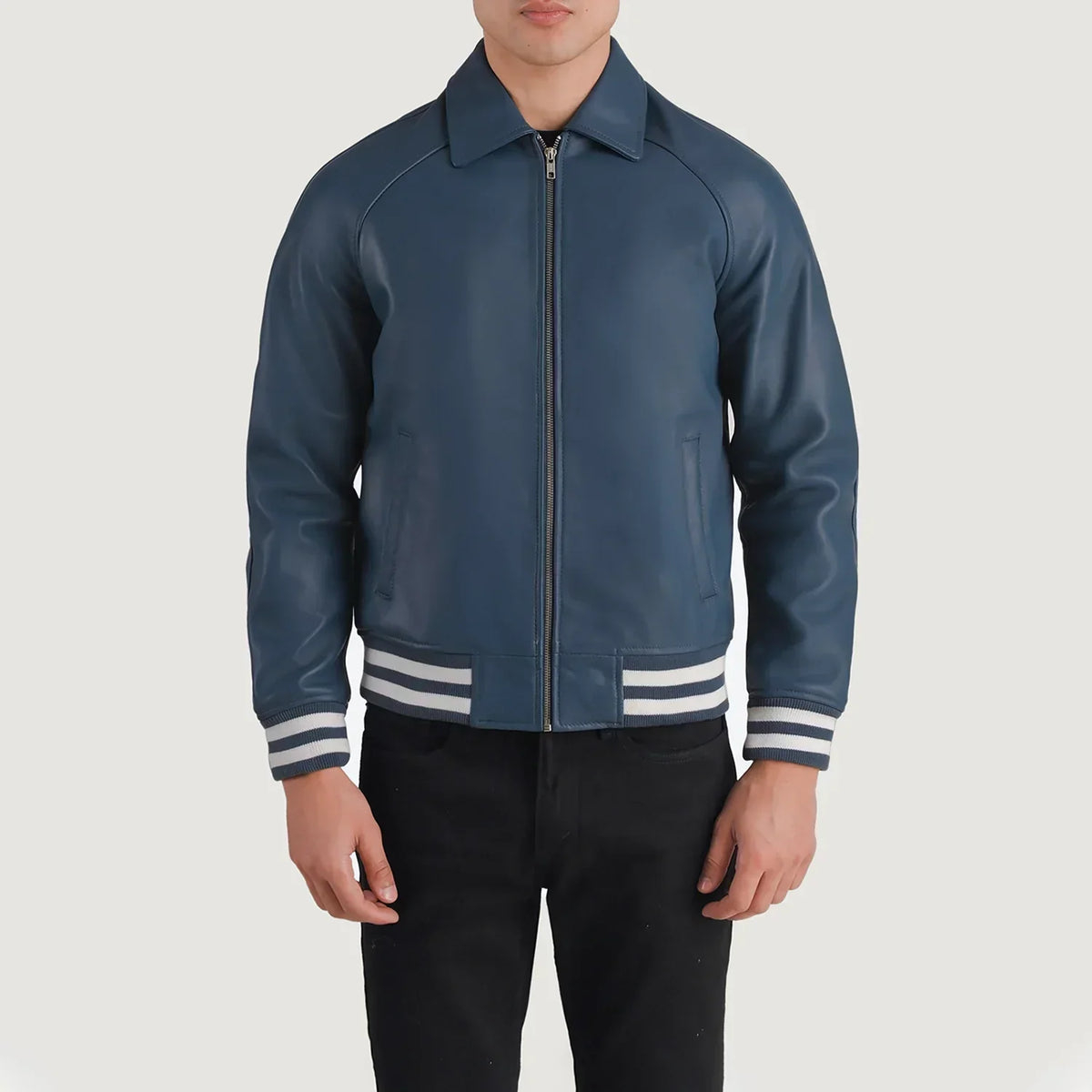 Walton Blue Leather Varsity Jacket - men's jacket in blue sheepskin leather, view 1
