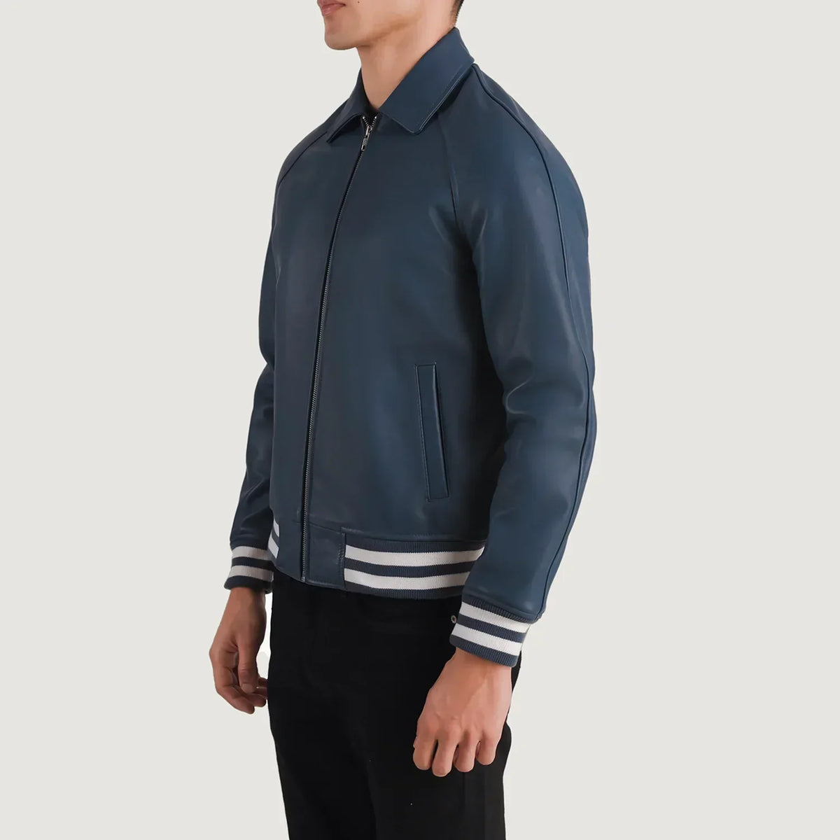 Walton Blue Leather Varsity Jacket - men's jacket in blue sheepskin leather, view 2
