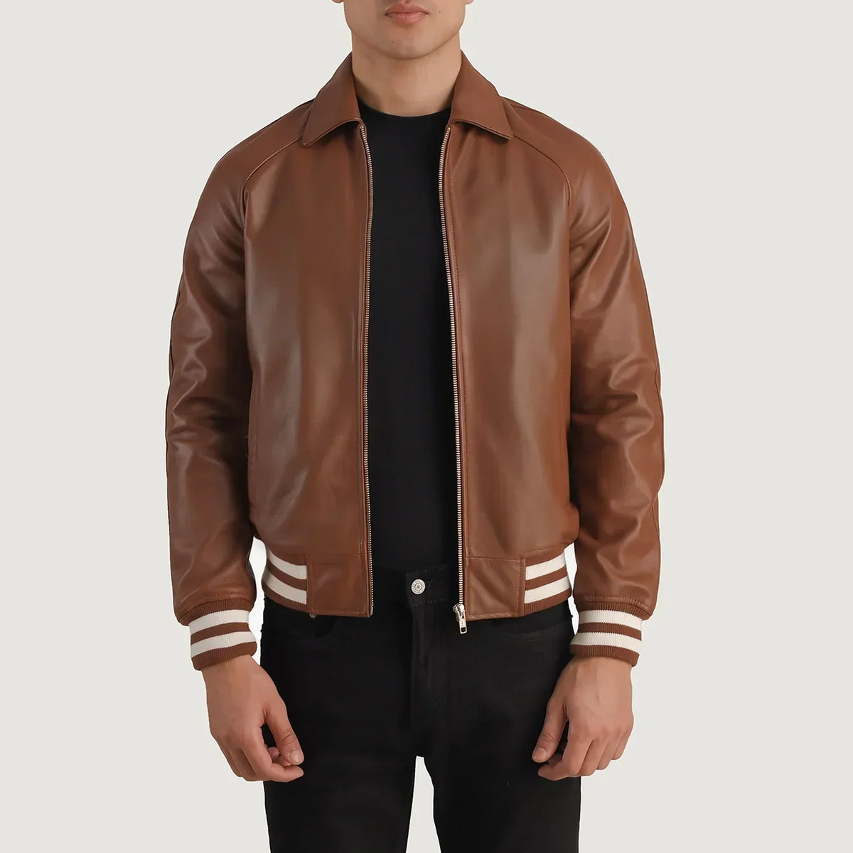 Walton Brown Leather Varsity Jacket - men's jacket in brown sheepskin leather, view 1