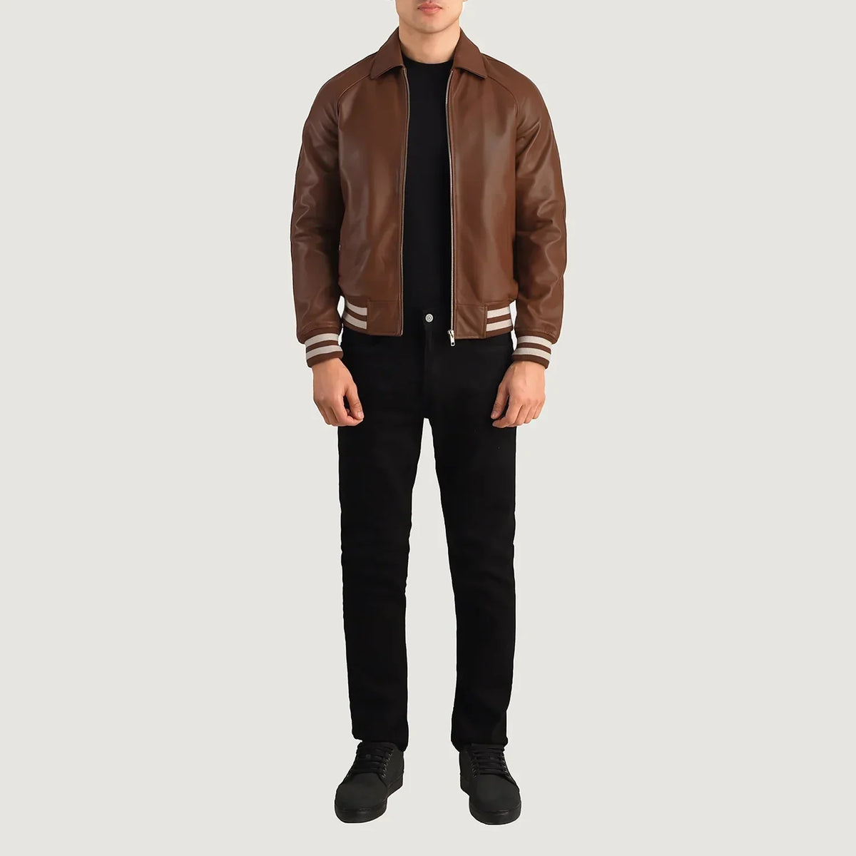 Walton Brown Leather Varsity Jacket - men's jacket in brown sheepskin leather, view 2