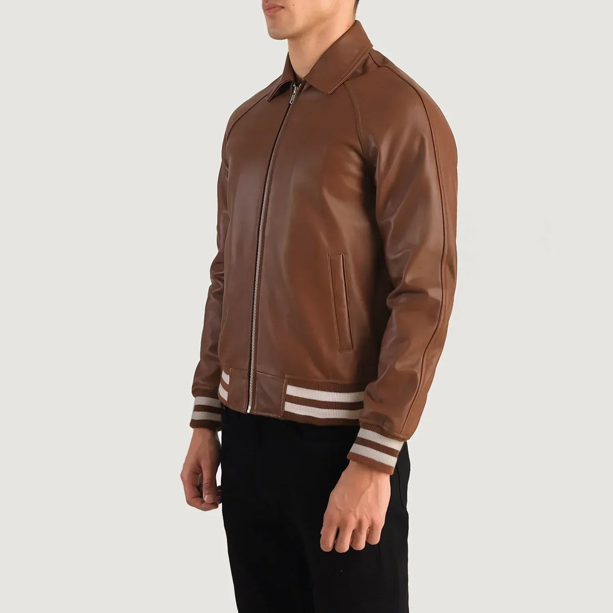 Walton Brown Leather Varsity Jacket - men's jacket in brown sheepskin leather, view 3