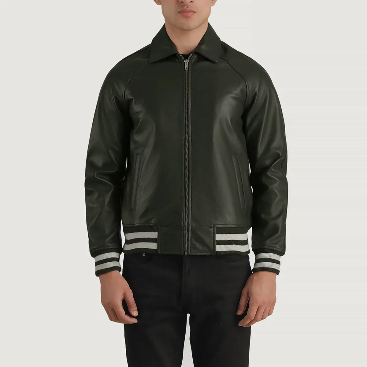 Walton Green Leather Varsity Jacket - men's jacket in green sheepskin leather, view 1