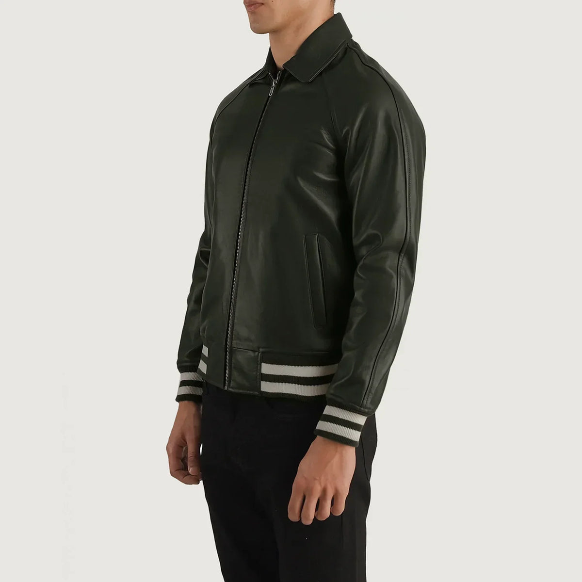 Walton Green Leather Varsity Jacket - men's jacket in green sheepskin leather, view 2